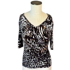 St. John Women's Animal Print Multi Stretch 3/4 Sleeve V-Neck Top Sz S
